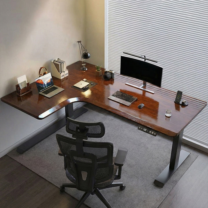 昇降デスク｜L字デスク ナチュラル 高さ調整可能