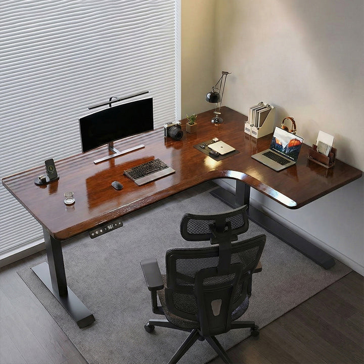 昇降デスク｜L字デスク ナチュラル 高さ調整可能